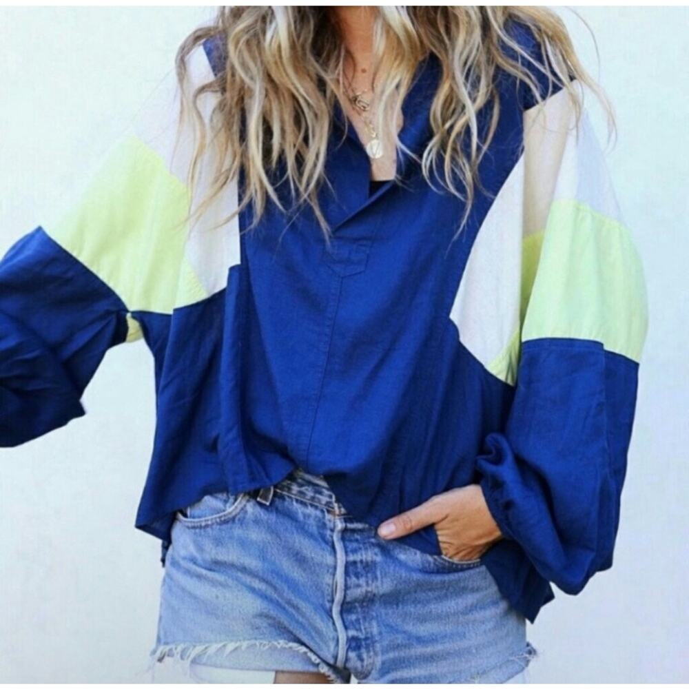 Free People We The Free Top Beating Hearts Colorblock Linen Blend Blue Sz Small